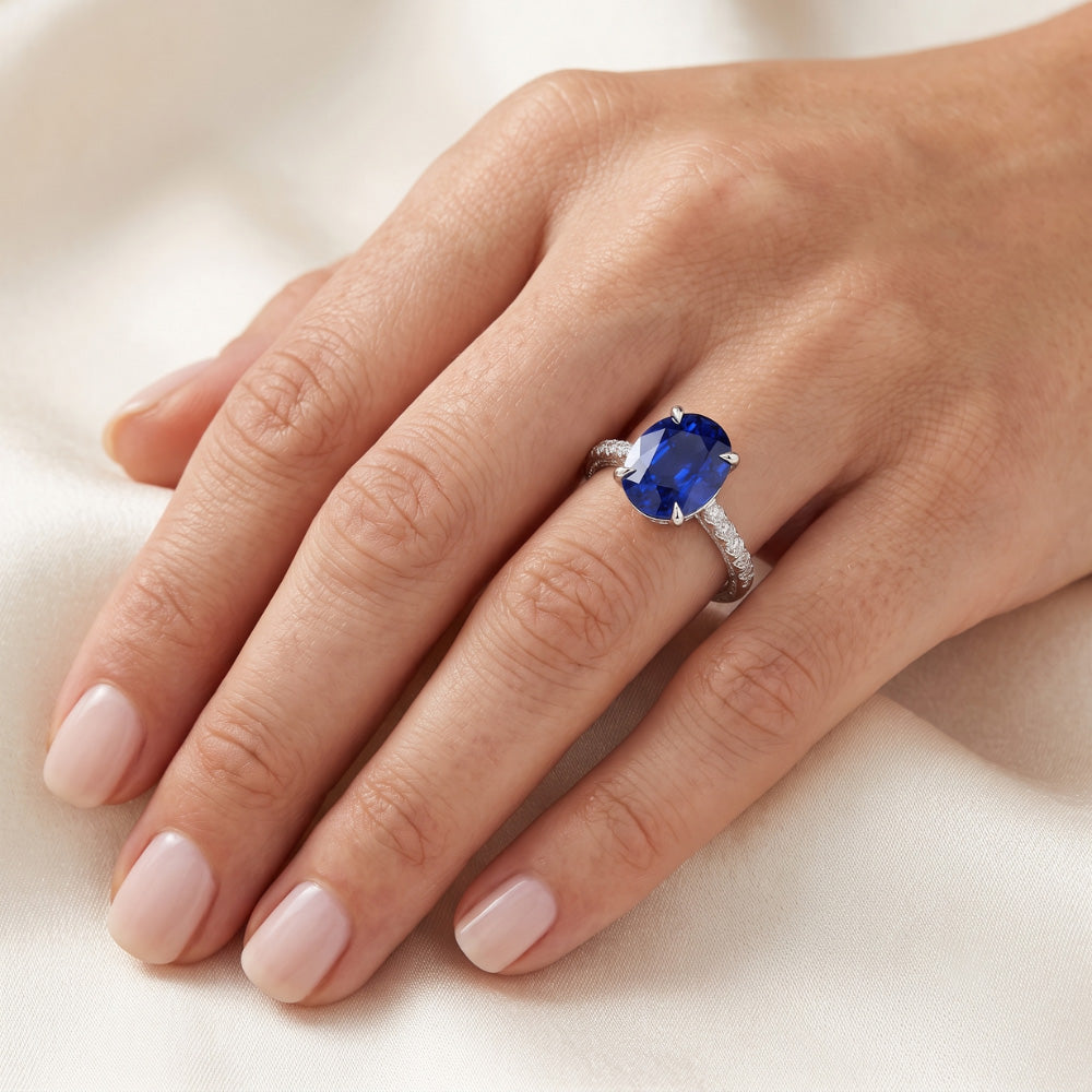 Women's Engagement Ring Oval Blue Sapphire & Natural Earth Mined Diamond Accents 4 Carats