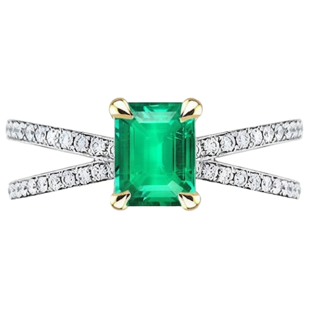 Step Cut Fine Emerald ring in 14K Two Tone Gold – angle view