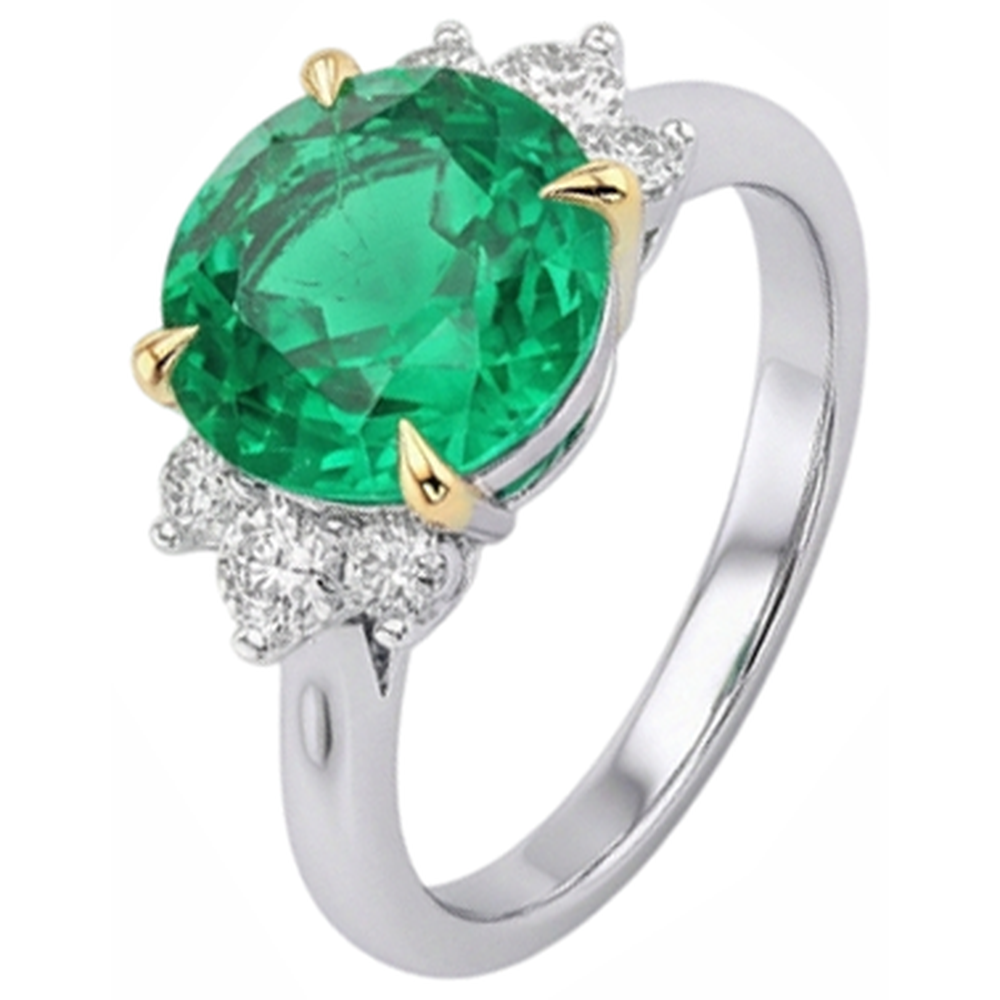 Round Brilliant Colombian Emerald ring in 14 Karat Two Tone Gold – side view