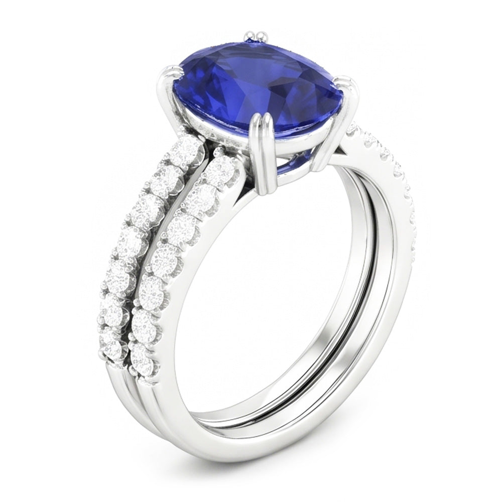 Women's Gold Natural Earth Mined Diamond & Oval Blue Sapphire Wedding Ring Set 4.50 Carats
