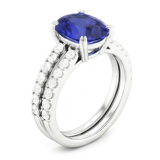 Women's Gold Natural Earth Mined Diamond & Oval Blue Sapphire Wedding Ring Set 4.50 Carats