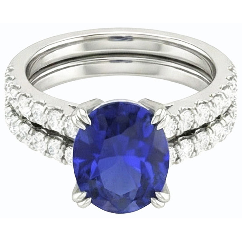 Women's Gold Natural Earth Mined Diamond & Oval Blue Sapphire Wedding Ring Set 4.50 Carats