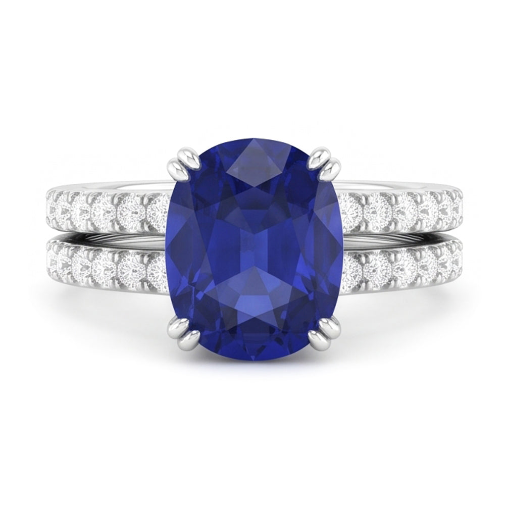 Women's Gold Natural Earth Mined Diamond & Oval Blue Sapphire Wedding Ring Set 4.50 Carats