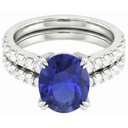 Women's Gold Natural Earth Mined Diamond & Oval Blue Sapphire Wedding Ring Set 4.50 Carats