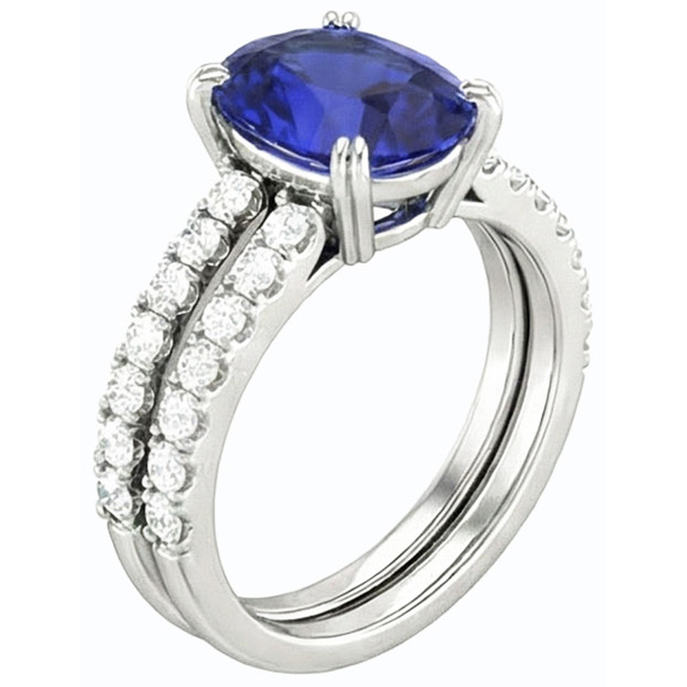 Women's Gold Natural Earth Mined Diamond & Oval Blue Sapphire Wedding Ring Set 4.50 Carats
