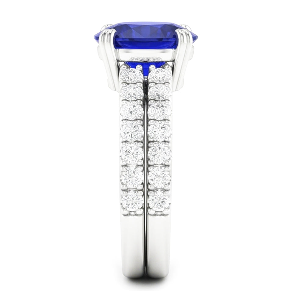 Women's Gold Natural Earth Mined Diamond & Oval Blue Sapphire Wedding Ring Set 4.50 Carats