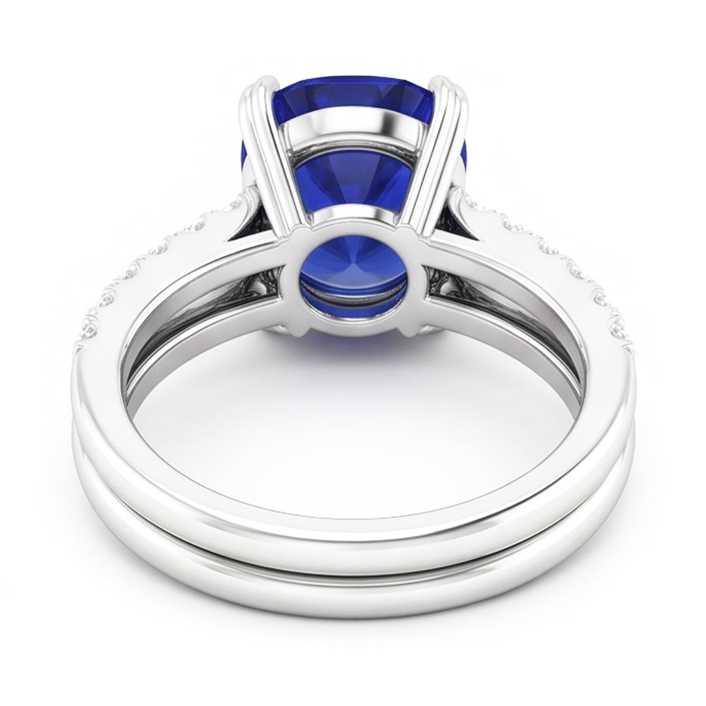 Women's Gold Natural Earth Mined Diamond & Oval Blue Sapphire Wedding Ring Set 4.50 Carats