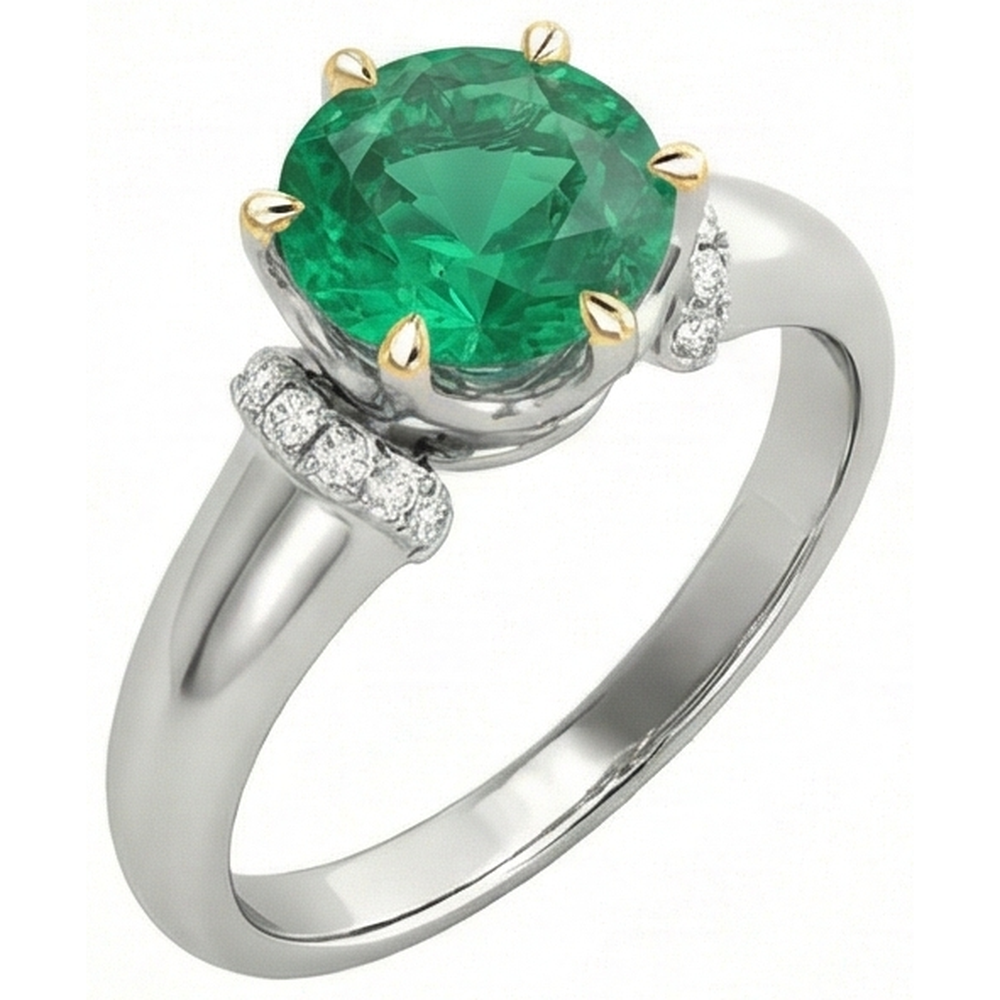 Fine Emerald Round Brilliant Gemstone Ring in 14K Two Tone Gold – side view