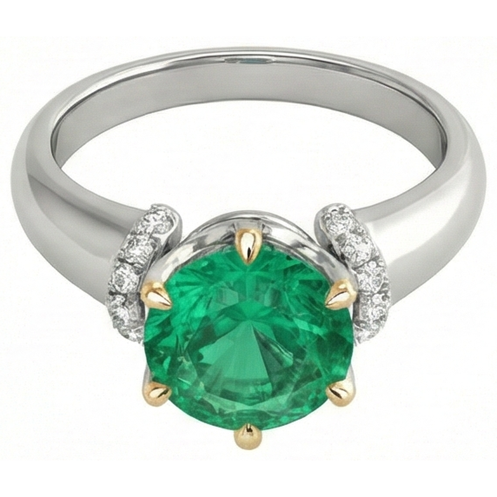 Fine Emerald Round Brilliant Gemstone Ring in 14K Two Tone Gold – angle view