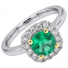 Fine Emerald Round Brilliant Colored Stone Ring in 14 Karat Two Tone Gold – angle view