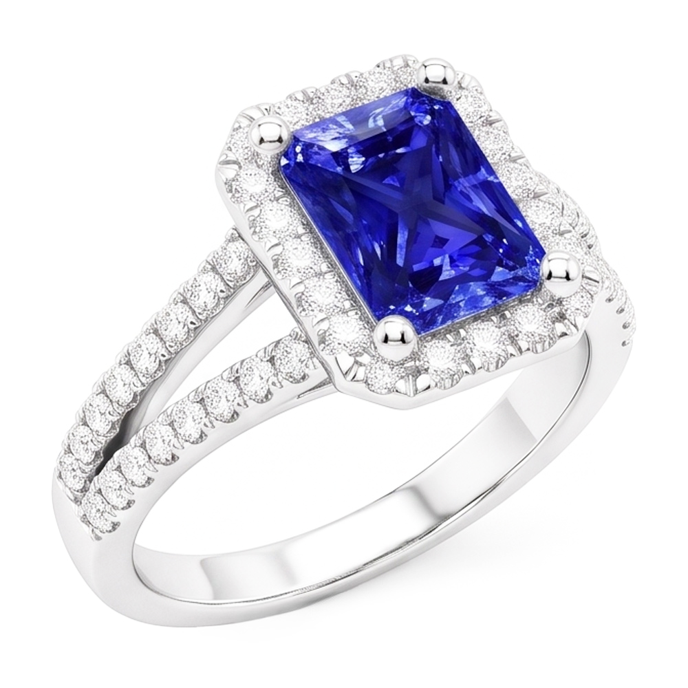 Women's Halo Sapphire Radiant Cut Wedding Ring 4 Carats V Split Shank