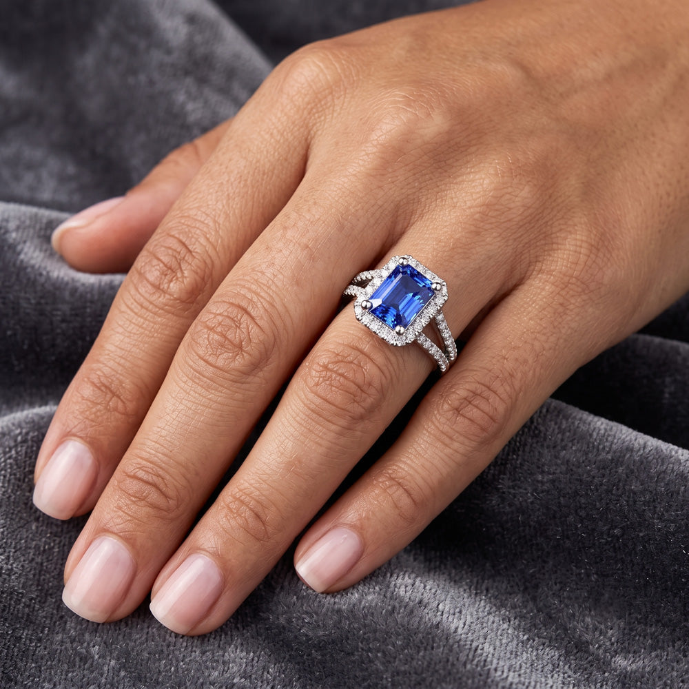Women's Halo Sapphire Radiant Cut Wedding Ring 4 Carats V Split Shank