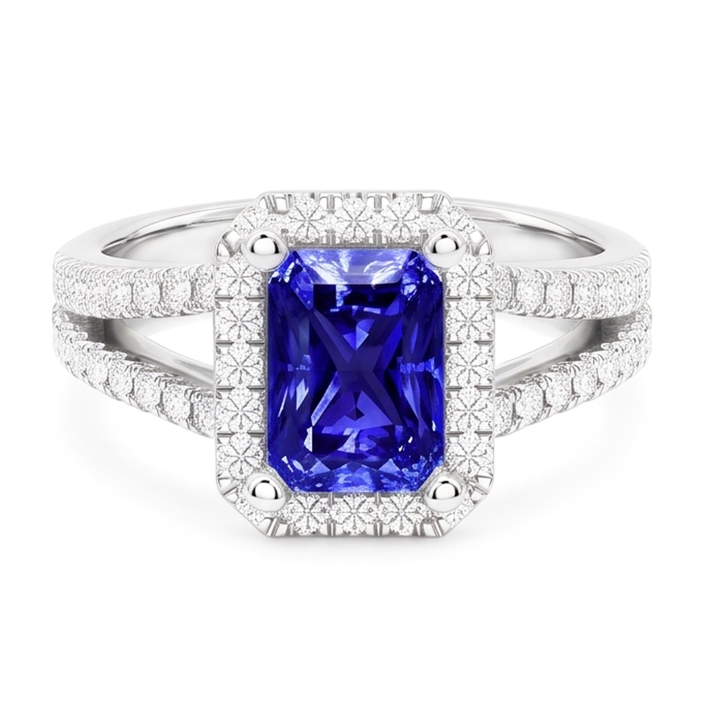 Women's Halo Sapphire Radiant Cut Wedding Ring 4 Carats V Split Shank