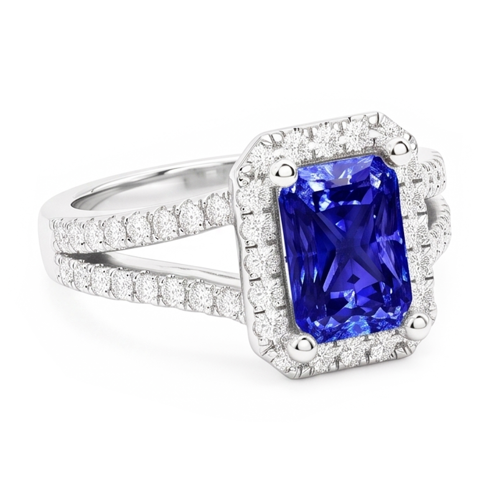 Women's Halo Sapphire Radiant Cut Wedding Ring 4 Carats V Split Shank