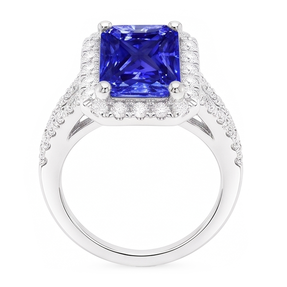 Women's Halo Sapphire Radiant Cut Wedding Ring 4 Carats V Split Shank