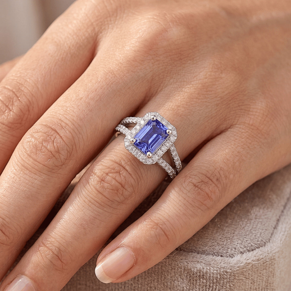 Women's Halo Sapphire Radiant Cut Wedding Ring 4 Carats V Split Shank