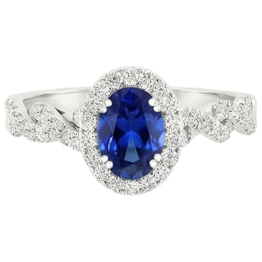 Women's Natural Earth Mined Diamond Halo Ring White Gold 4.50 Carats Blue Sapphire Jewellery
