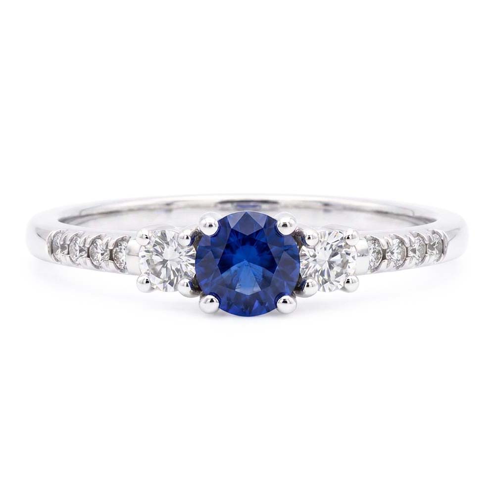 Women's Natural Earth Mined Diamond Ring 1.50 Carats 3 Stone Style Blue Sapphire Round Cut