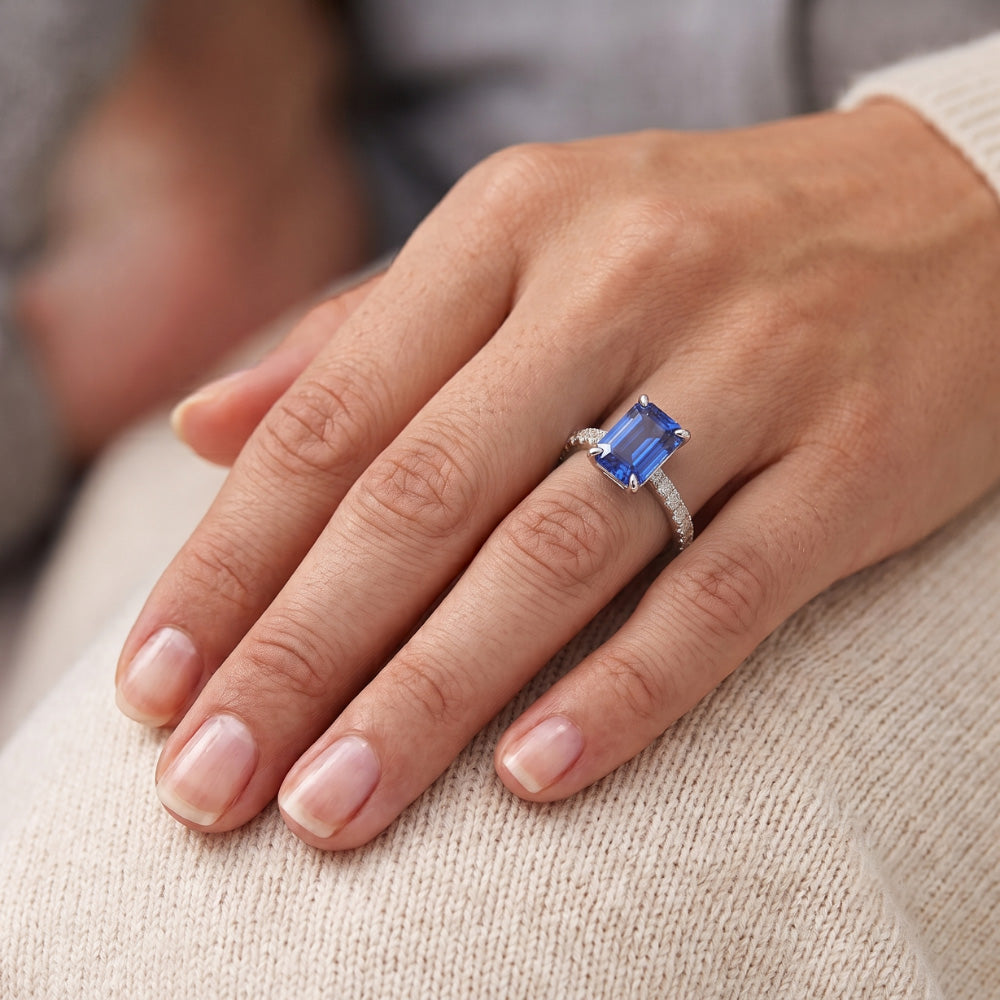 Women's Natural Earth Mined Diamond Ring Emerald Sapphire White Gold 3 Carats Pave Set 14K