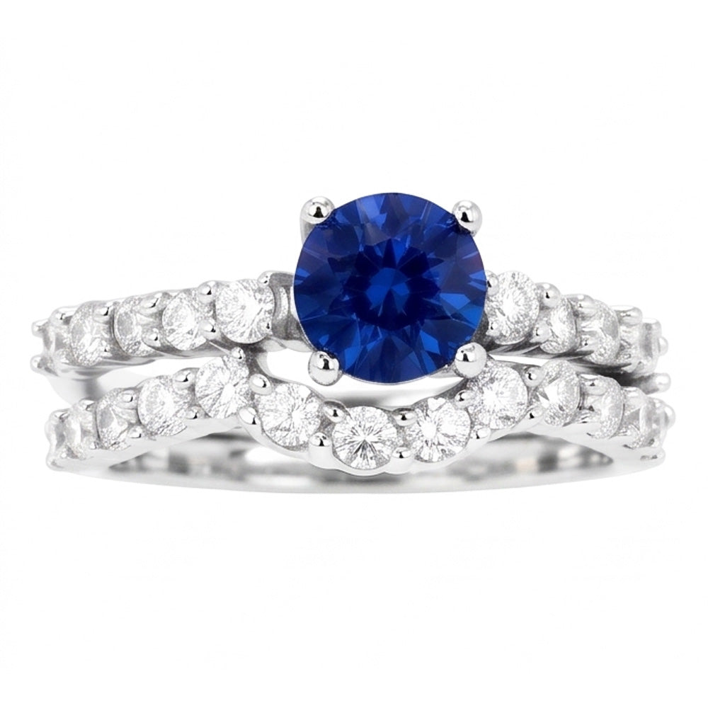 Women's Natural Earth Mined Diamond Round Blue Sapphire Engagement Ring Set 4.50 Carats