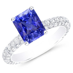 Women's Sapphire Ring Radiant Cut 3.50 Carats Multi Row Pave Natural Earth Mined Diamonds