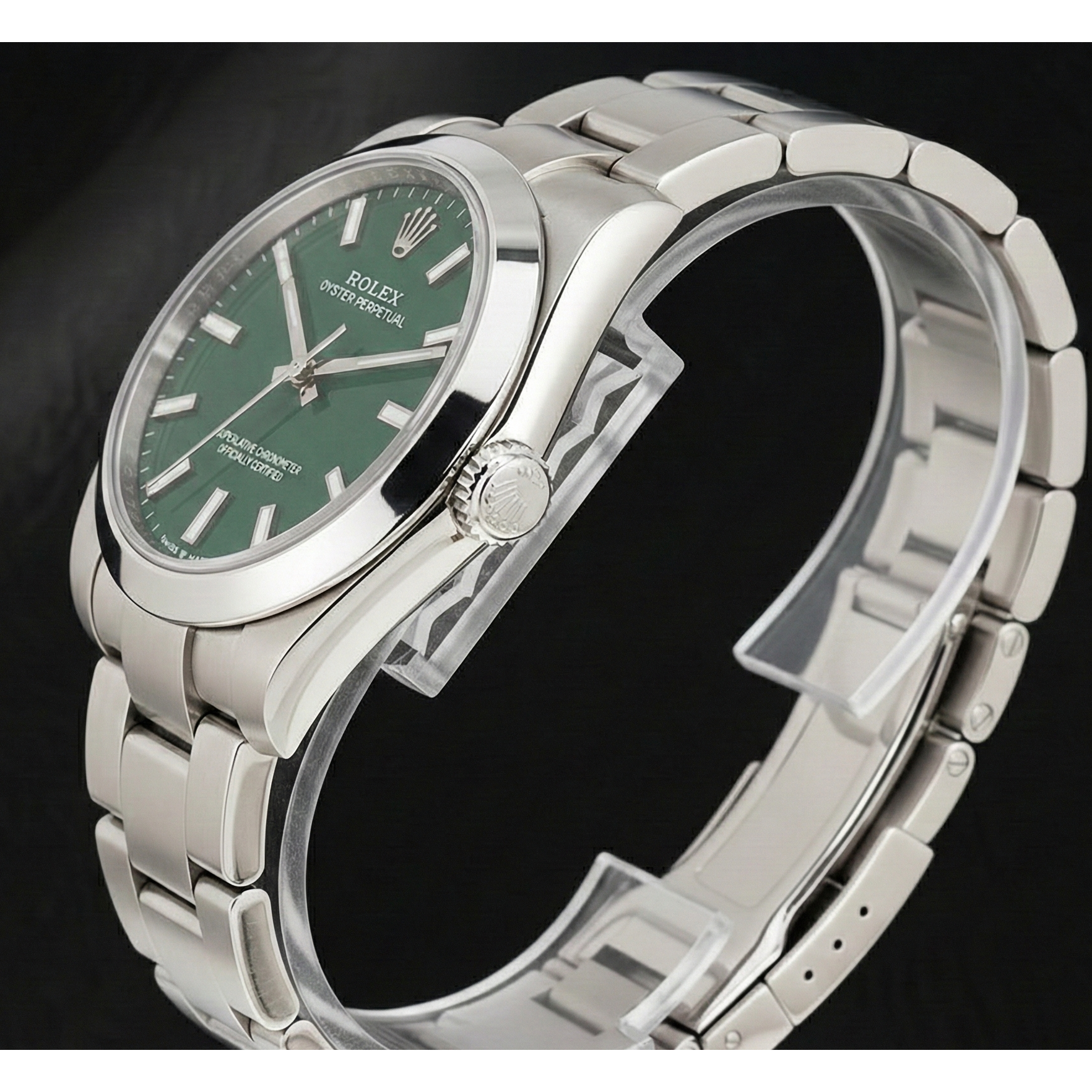 Women's Rolex Oyster Perpetual Green Luminous Dial Steel Watch