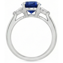 Womens 3 Stone Oval Blue Sapphire & Trillion Cut Natural Earth Mined Diamond Ring 3 Carats