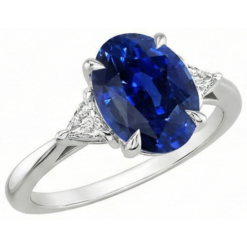 Womens 3 Stone Oval Blue Sapphire & Trillion Cut Natural Earth Mined Diamond Ring 3 Carats
