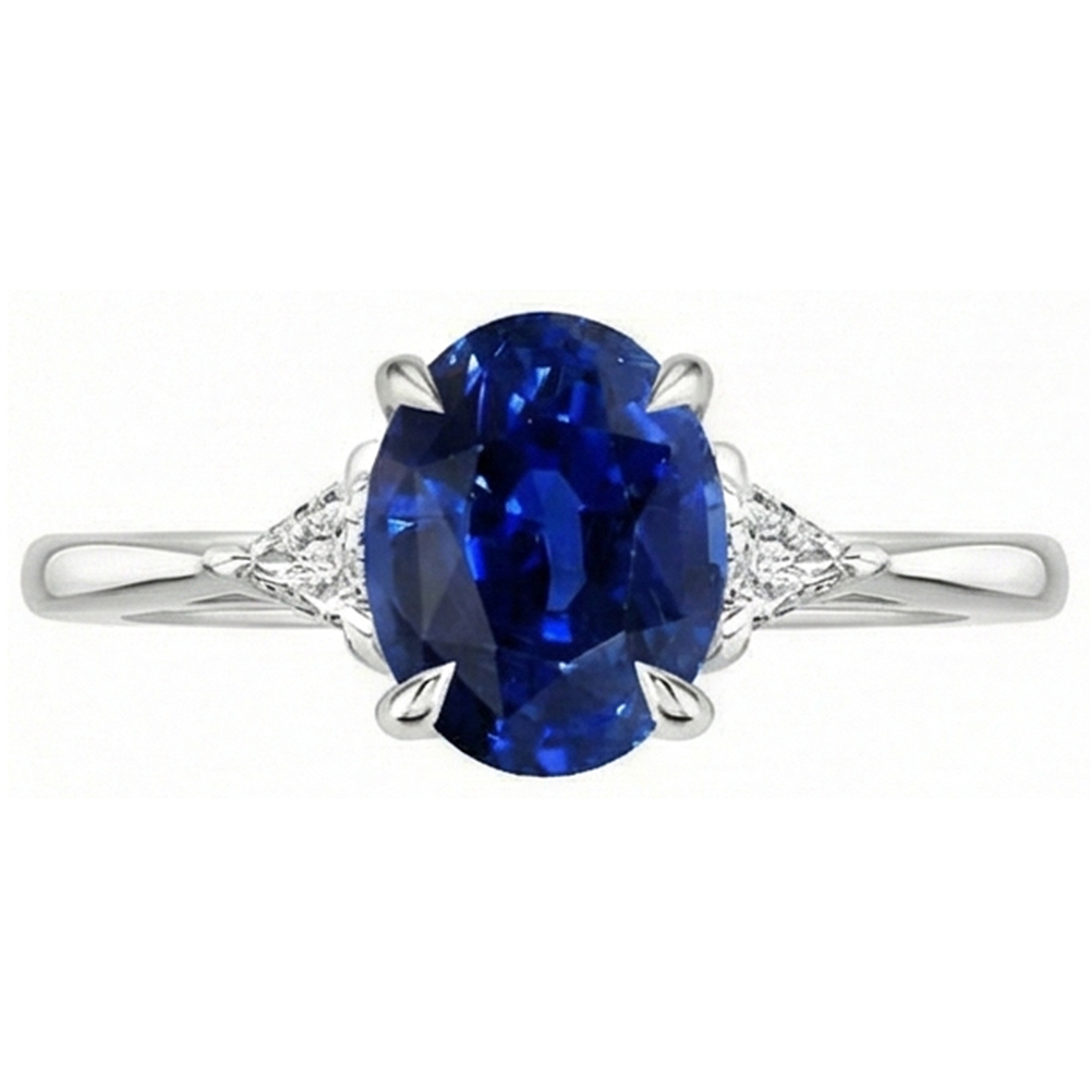 Womens 3 Stone Oval Blue Sapphire & Trillion Cut Natural Earth Mined Diamond Ring 3 Carats