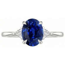 Womens 3 Stone Oval Blue Sapphire & Trillion Cut Natural Earth Mined Diamond Ring 3 Carats
