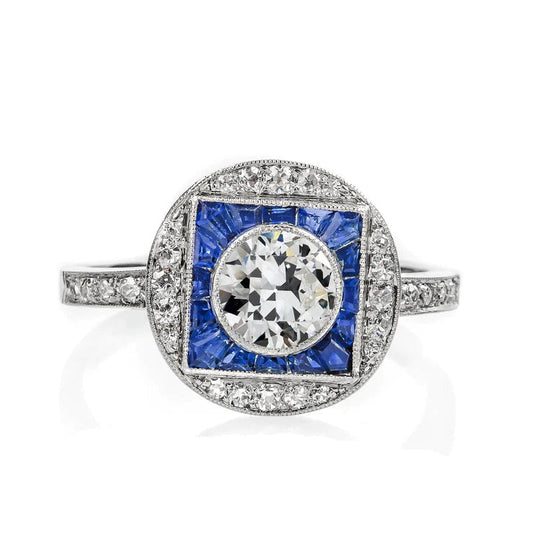 Women’s Art Deco Jewelry New Halo Ring Old Miner Genuine Diamond & Sapphires