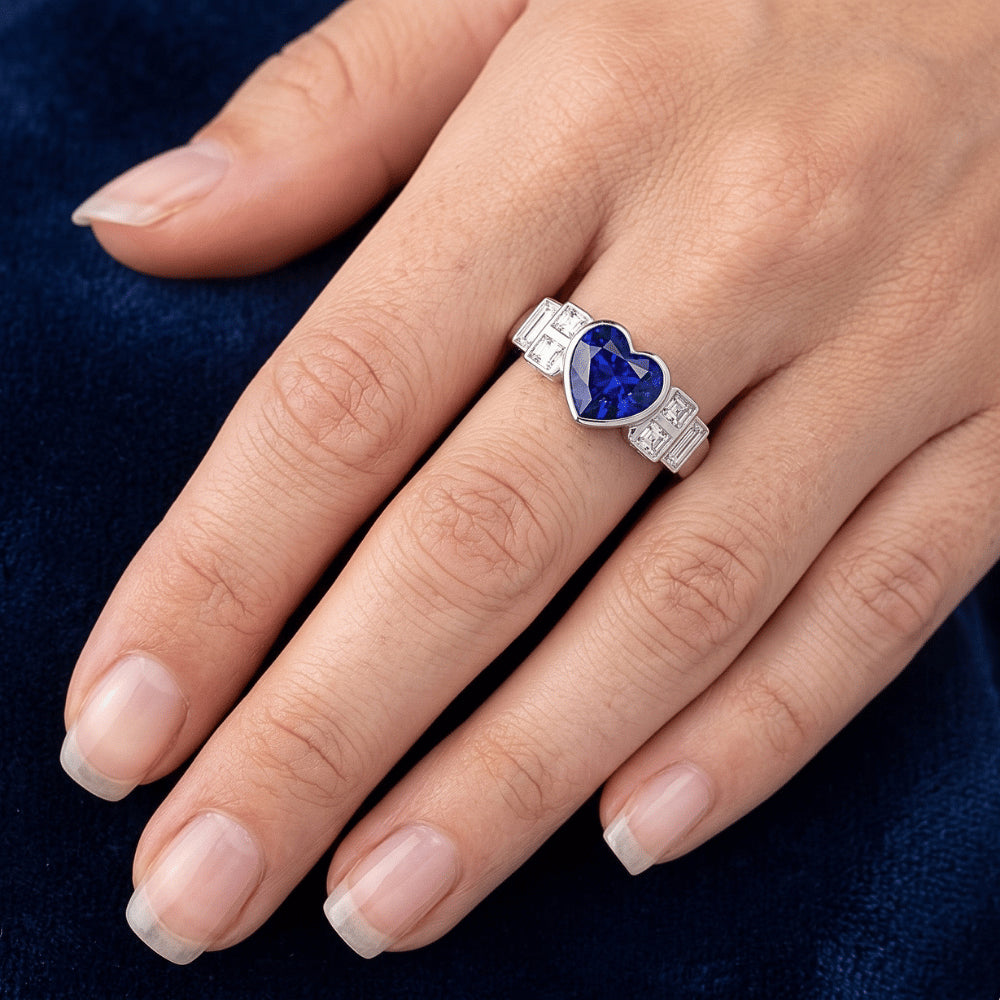 Womens Baguette Natural Earth Mined Diamond Heart Blue Sapphire Ring Bezel Set 2.50 Carats