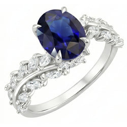 Womens Gold Ring Oval Ceylon Sapphire With Marquise Natural Earth Mined Diamonds 4 Carats