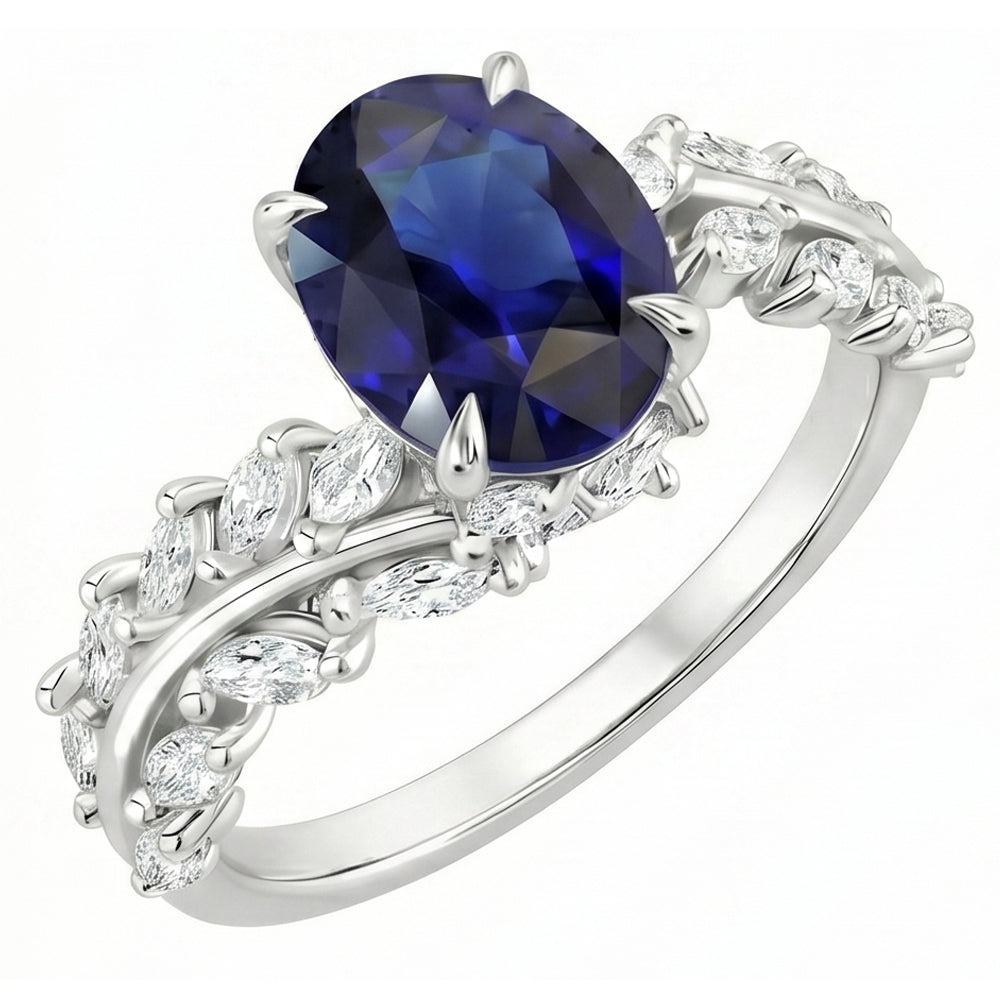 Womens Gold Ring Oval Ceylon Sapphire With Marquise Natural Earth Mined Diamonds 4 Carats