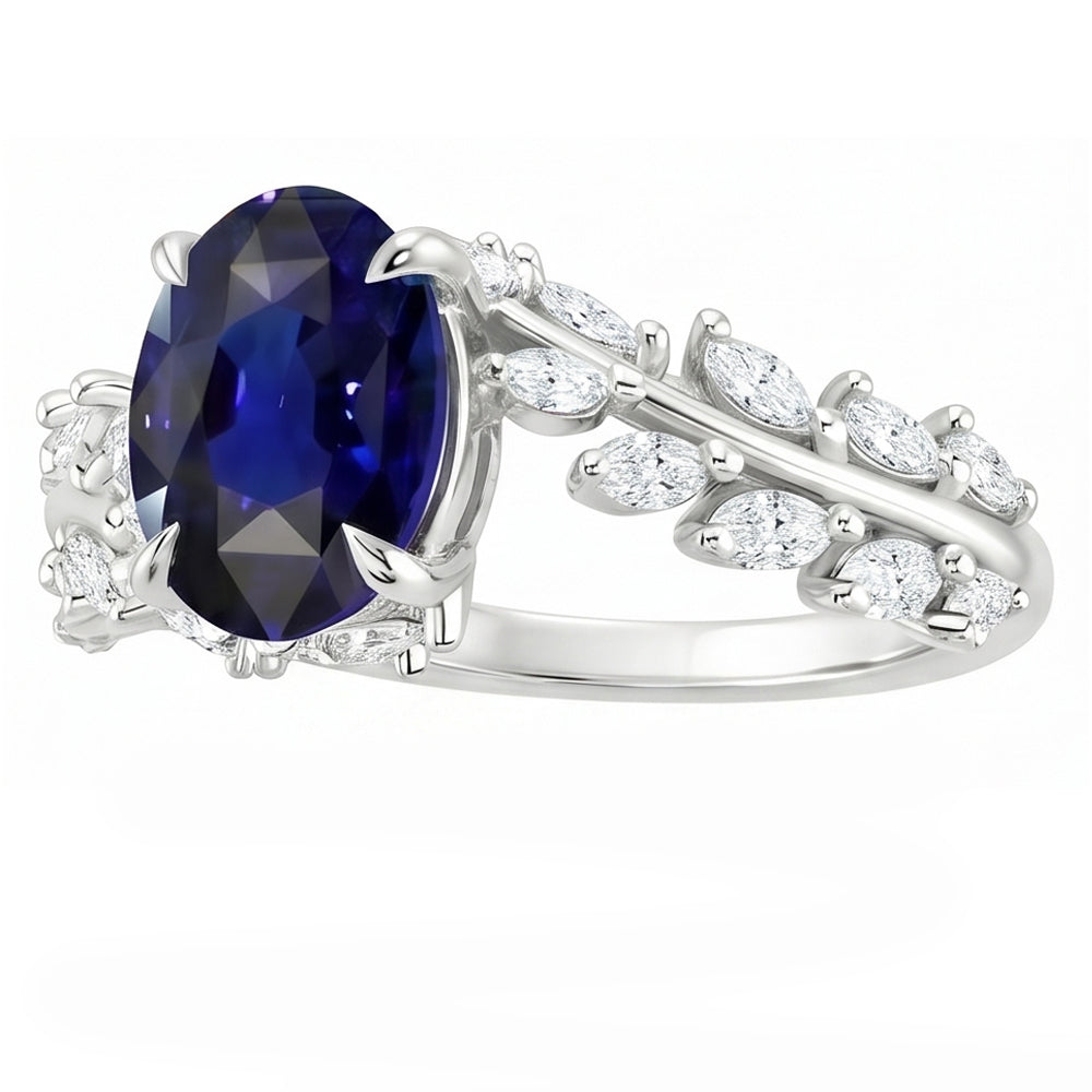 Womens Gold Ring Oval Ceylon Sapphire With Marquise Natural Earth Mined Diamonds 4 Carats