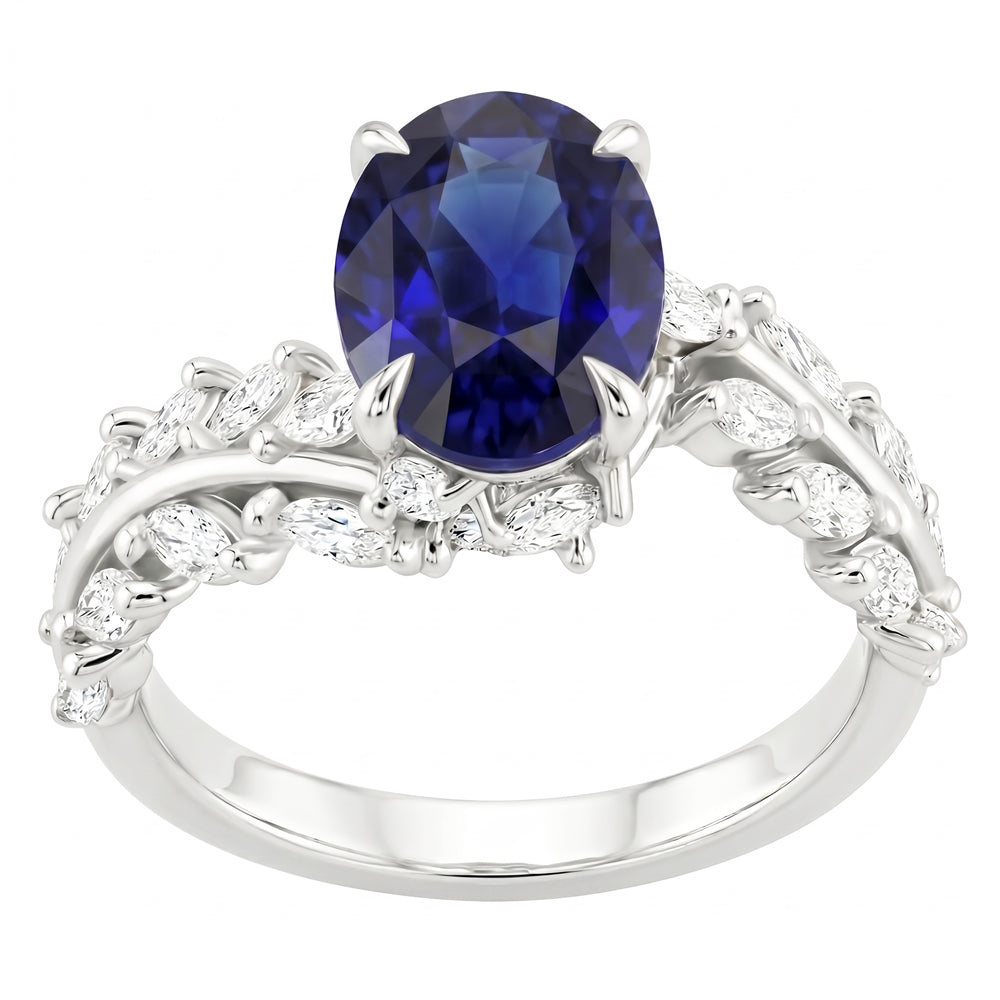 Womens Gold Ring Oval Ceylon Sapphire With Marquise Natural Earth Mined Diamonds 4 Carats