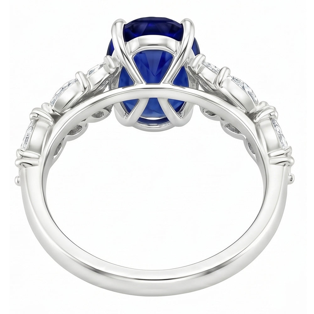 Womens Gold Ring Oval Ceylon Sapphire With Marquise Natural Earth Mined Diamonds 4 Carats
