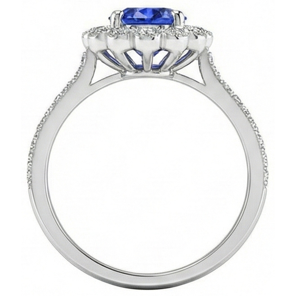 Womens Halo Flower Style Blue Sapphire Ring 3 Carats Cathedral Setting