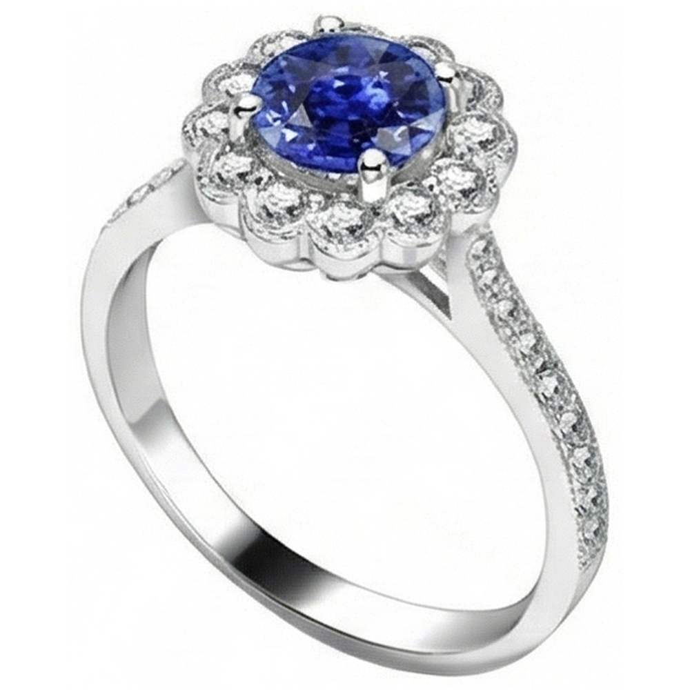 Womens Halo Flower Style Blue Sapphire Ring 3 Carats Cathedral Setting