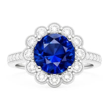 Womens Halo Flower Style Blue Sapphire Ring 3 Carats Cathedral Setting
