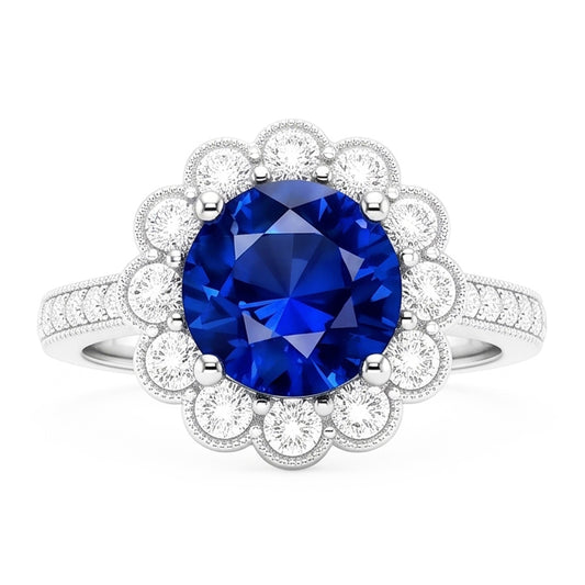 Womens Halo Flower Style Blue Sapphire Ring 3 Carats Cathedral Setting