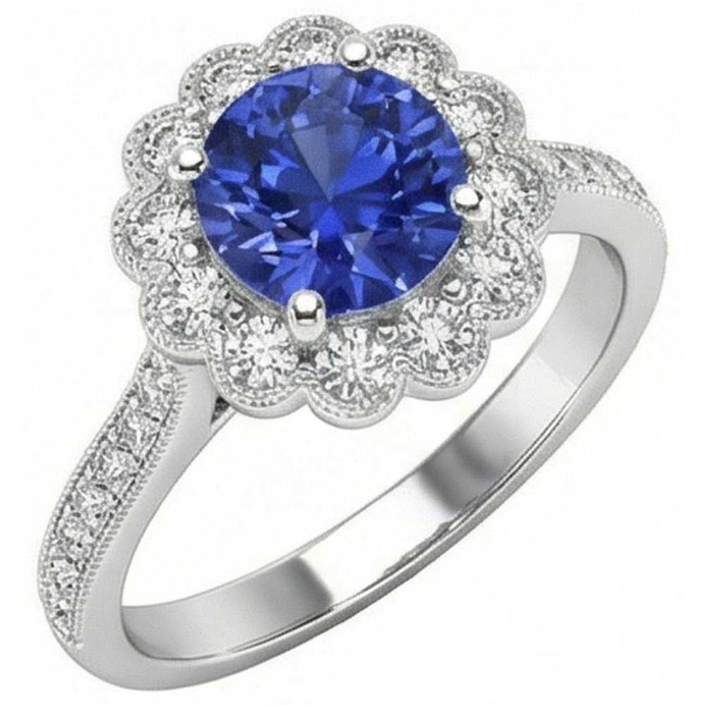 Womens Halo Flower Style Blue Sapphire Ring 3 Carats Cathedral Setting