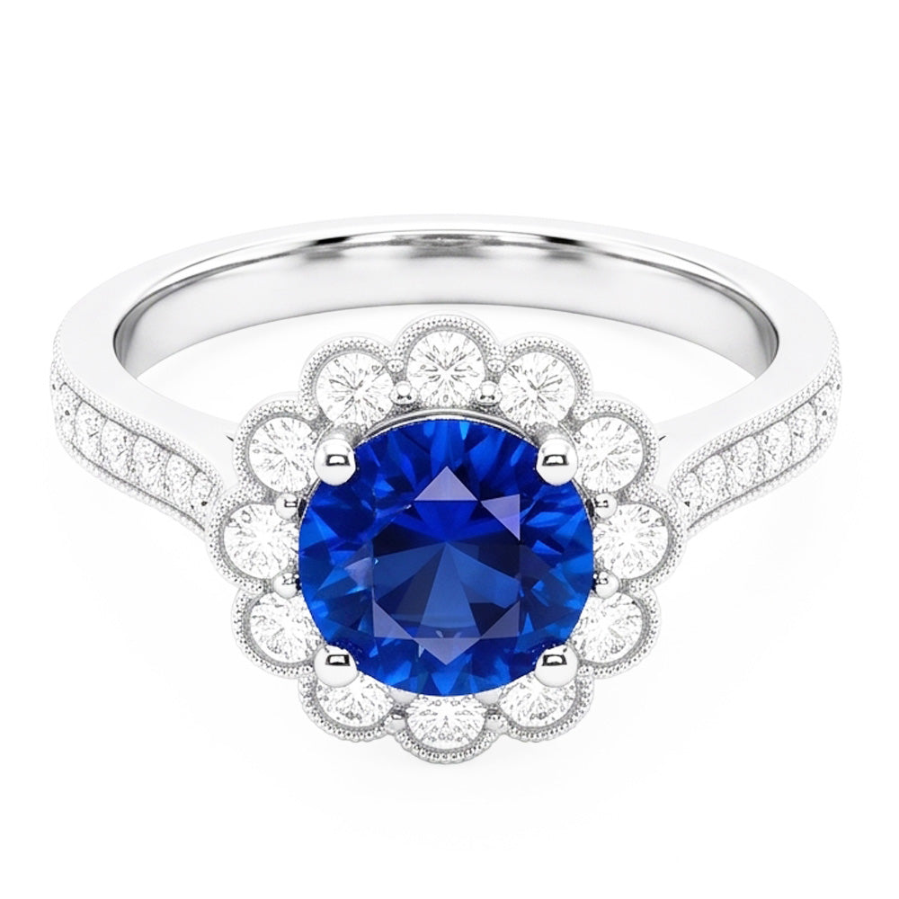 Womens Halo Flower Style Blue Sapphire Ring 3 Carats Cathedral Setting