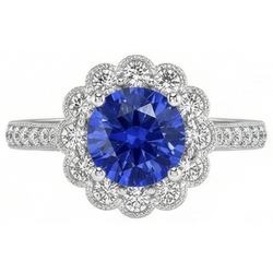 Womens Halo Flower Style Blue Sapphire Ring 3 Carats Cathedral Setting
