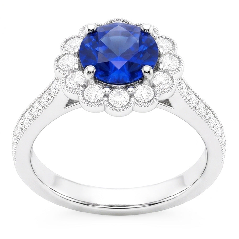 Womens Halo Flower Style Blue Sapphire Ring 3 Carats Cathedral Setting