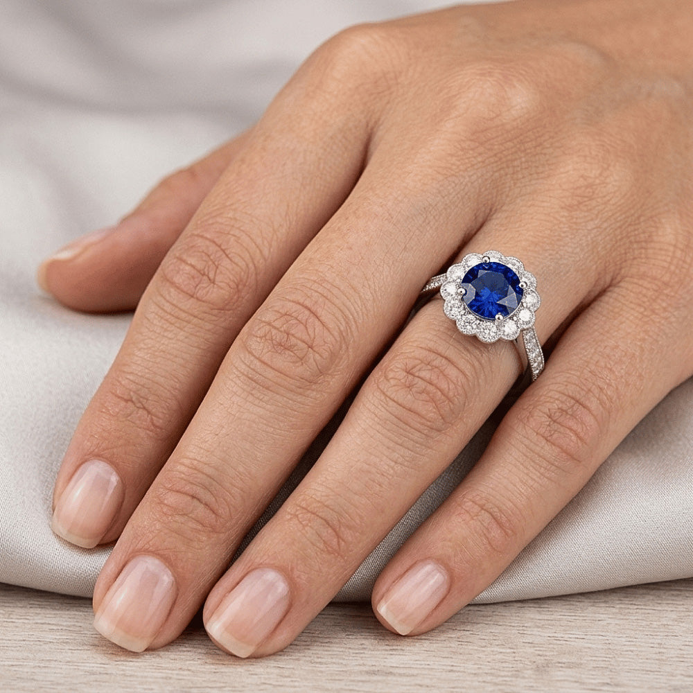 Womens Halo Flower Style Blue Sapphire Ring 3 Carats Cathedral Setting
