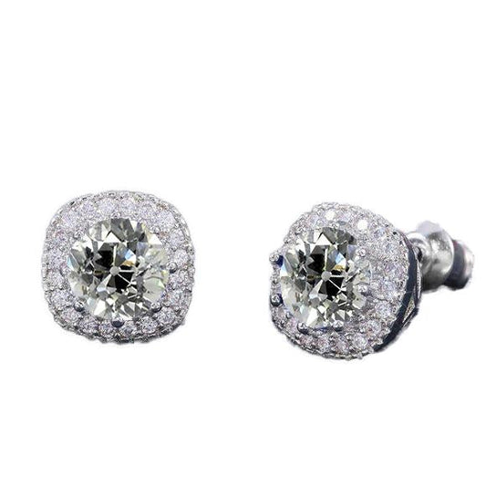 Women's Halo Genuine Diamond Stud Earrings Round Old Cut 5.50 Carats Gold 14K