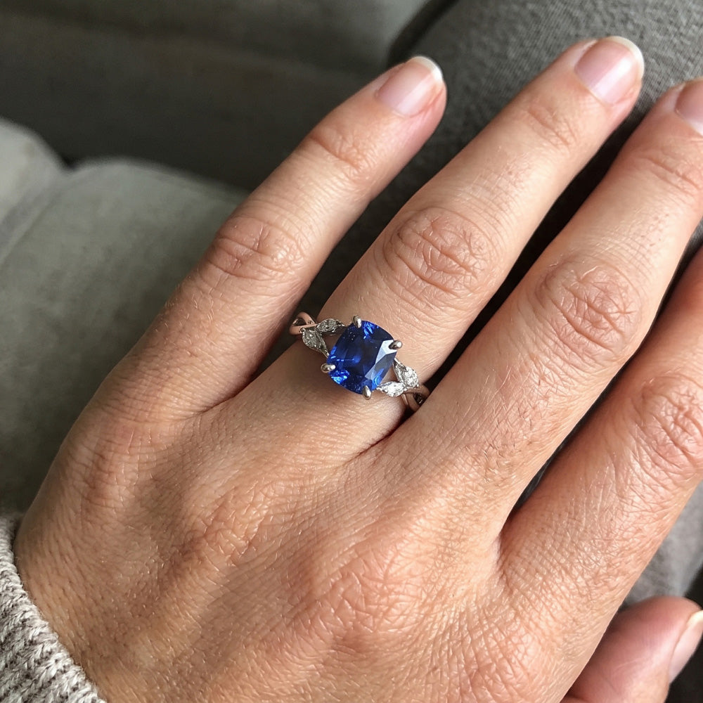 Womens Natural Earth Mined Diamond Marquise & Cushion Sapphire Ring Five Stone 2.75 Carats