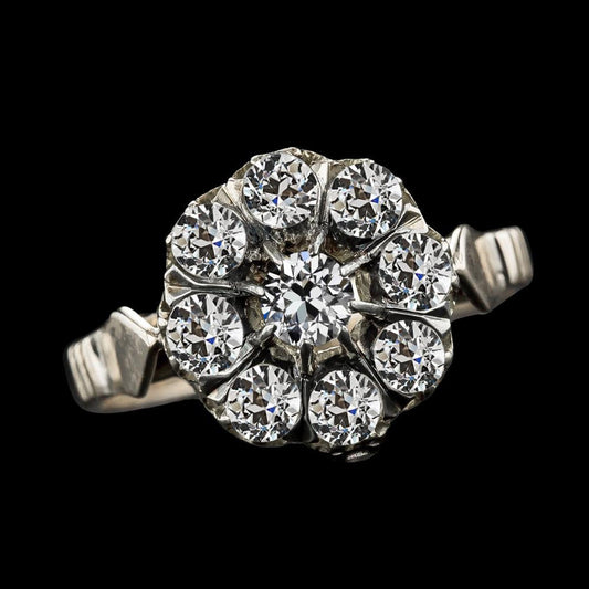 Women's Old Cut Round Real  Diamond Halo Ring Vintage Style 9 Carats