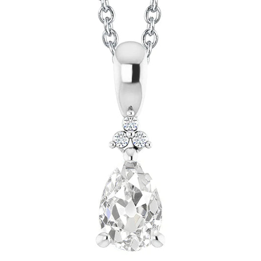 Women's Real Diamond Pendant Pear Old Cut 3 Carats White Gold 14K